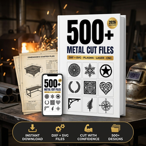MasteryForge Metalworking Project Plans — 500+ dimensioned PDF build plans plus 2 free starter plans, product mockup in a metalworking shop