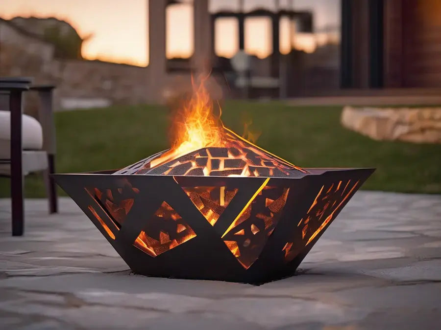Welded steel fire pit with a cut-out pattern.