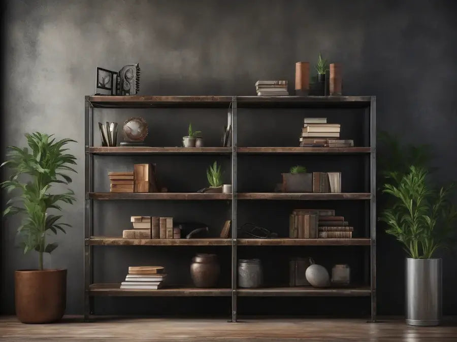 Steel and reclaimed-wood shelving unit.
