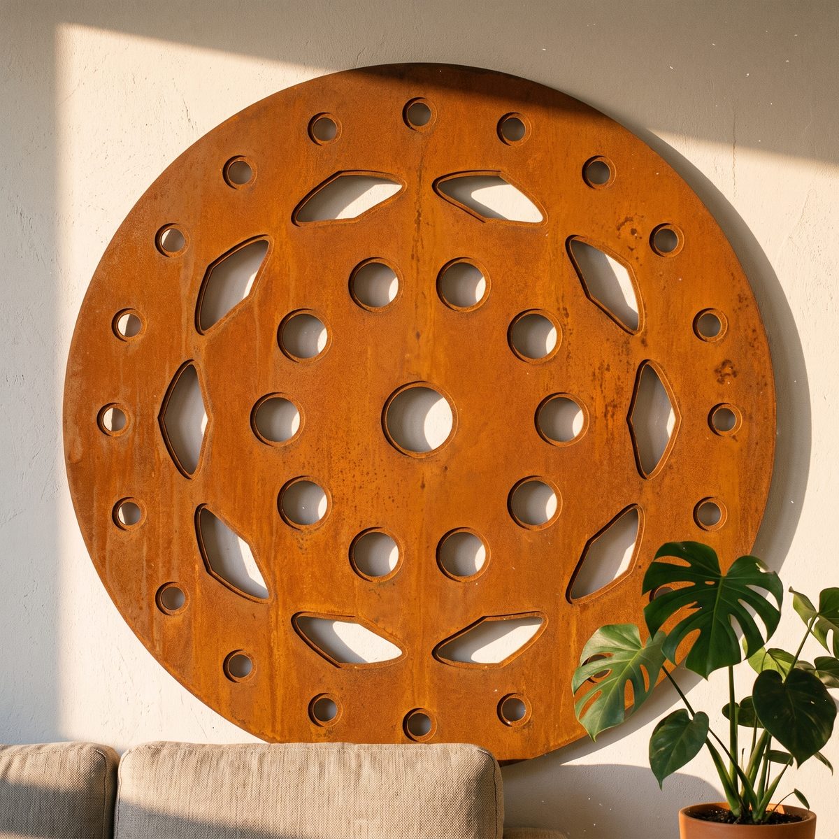 Cut-metal mandala wall art — product render