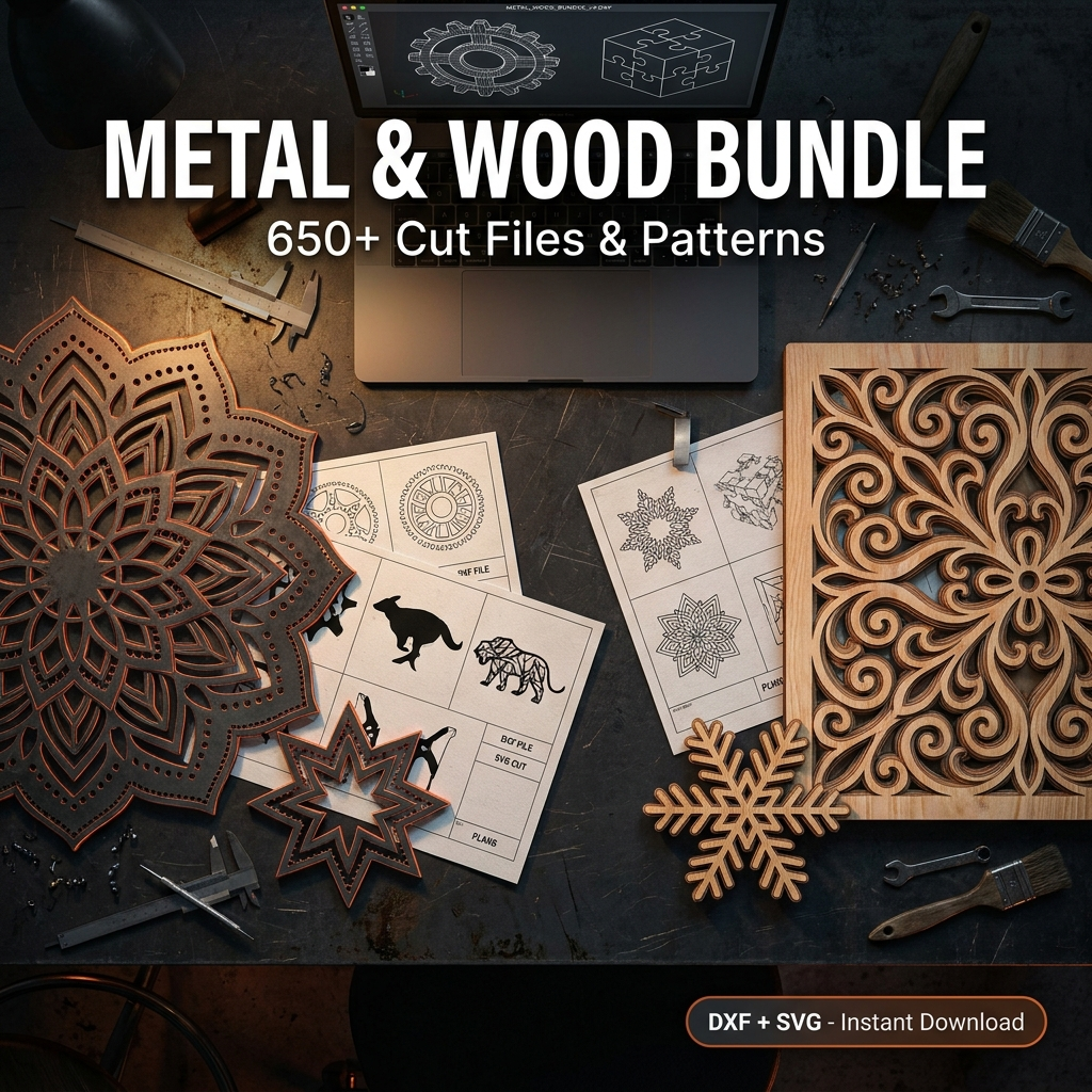 Metal & Wood Bundle — 650+ cut files and patterns in DXF and SVG, steel mandala and wood fretwork on a workbench