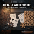 Metal & Wood Bundle — 650+ cut files and patterns in DXF and SVG, steel mandala and wood fretwork on a workbench