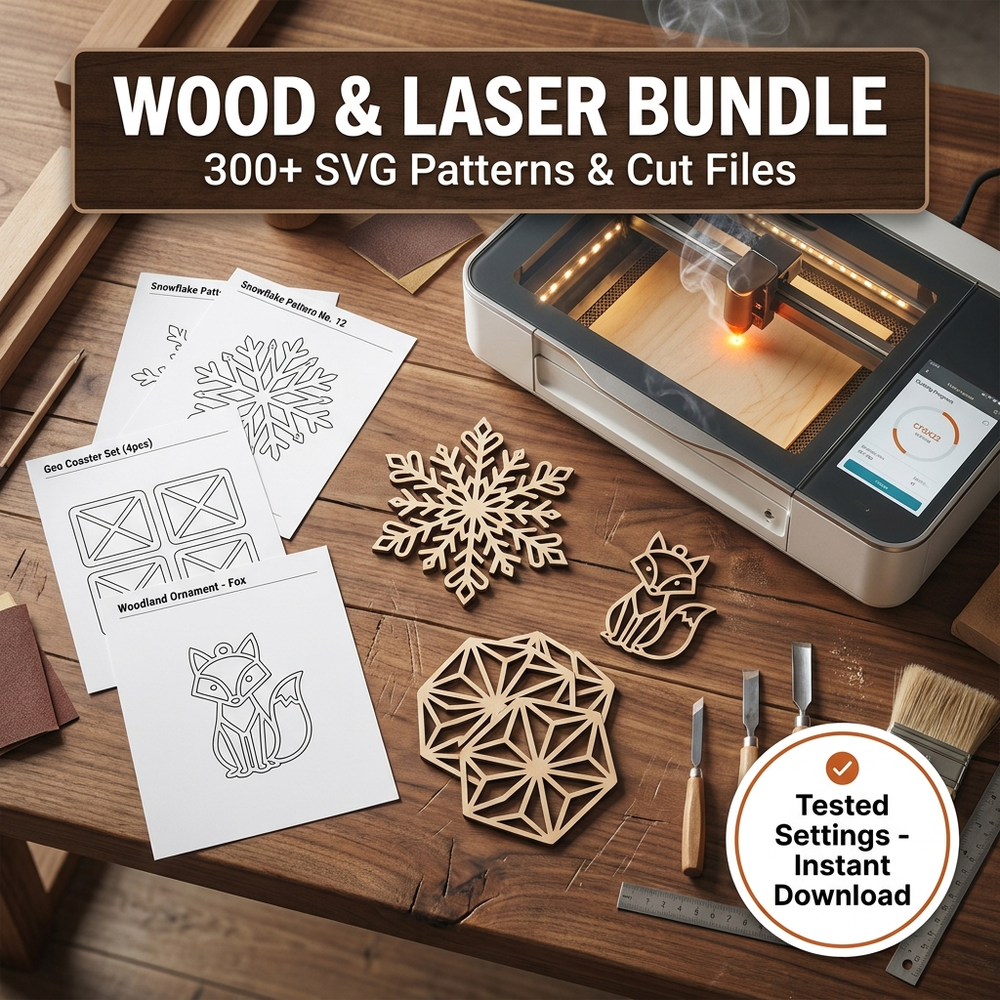 Wood & Laser Bundle — 300+ SVG patterns and cut files with tested settings, laser-cut plywood pieces and pattern sheets