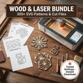 Wood & Laser Bundle — 300+ SVG patterns and cut files with tested settings, laser-cut plywood pieces and pattern sheets