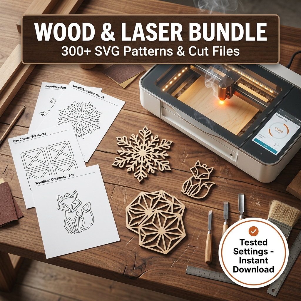 Wood & Laser Bundle — 300+ SVG patterns and cut files with tested settings, laser-cut plywood pieces and pattern sheets
