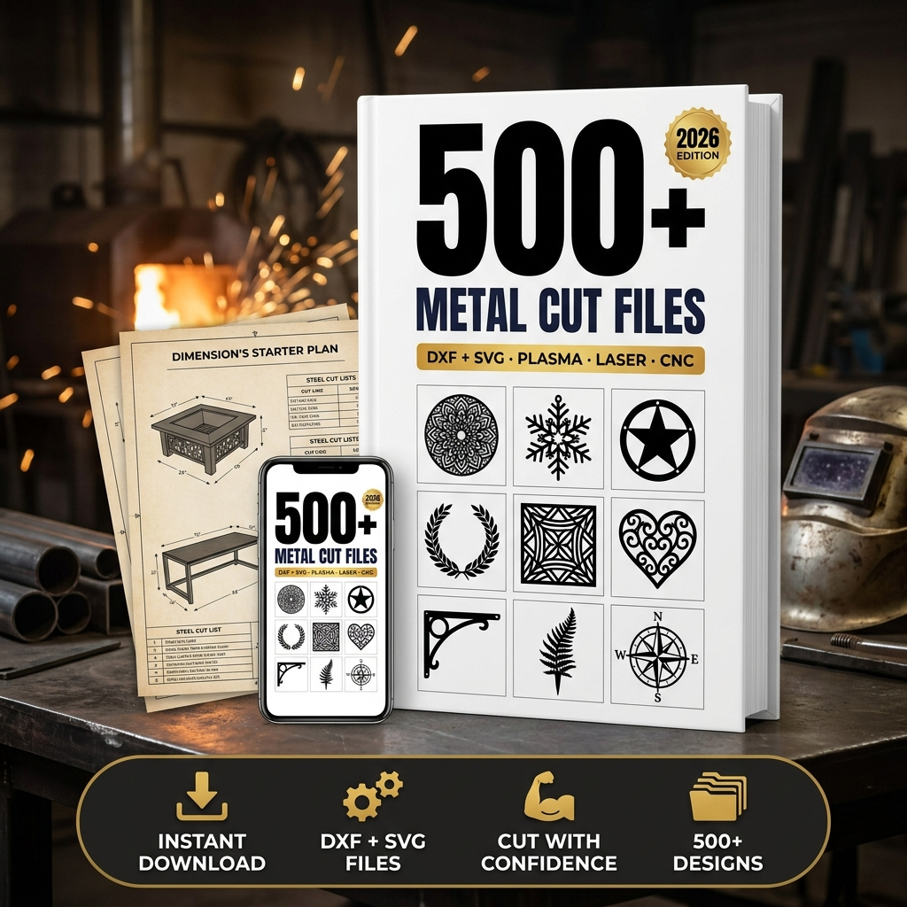 MasteryForge Metalworking Project Plans — 500+ dimensioned PDF build plans plus 2 free starter plans, product mockup in a metalworking shop