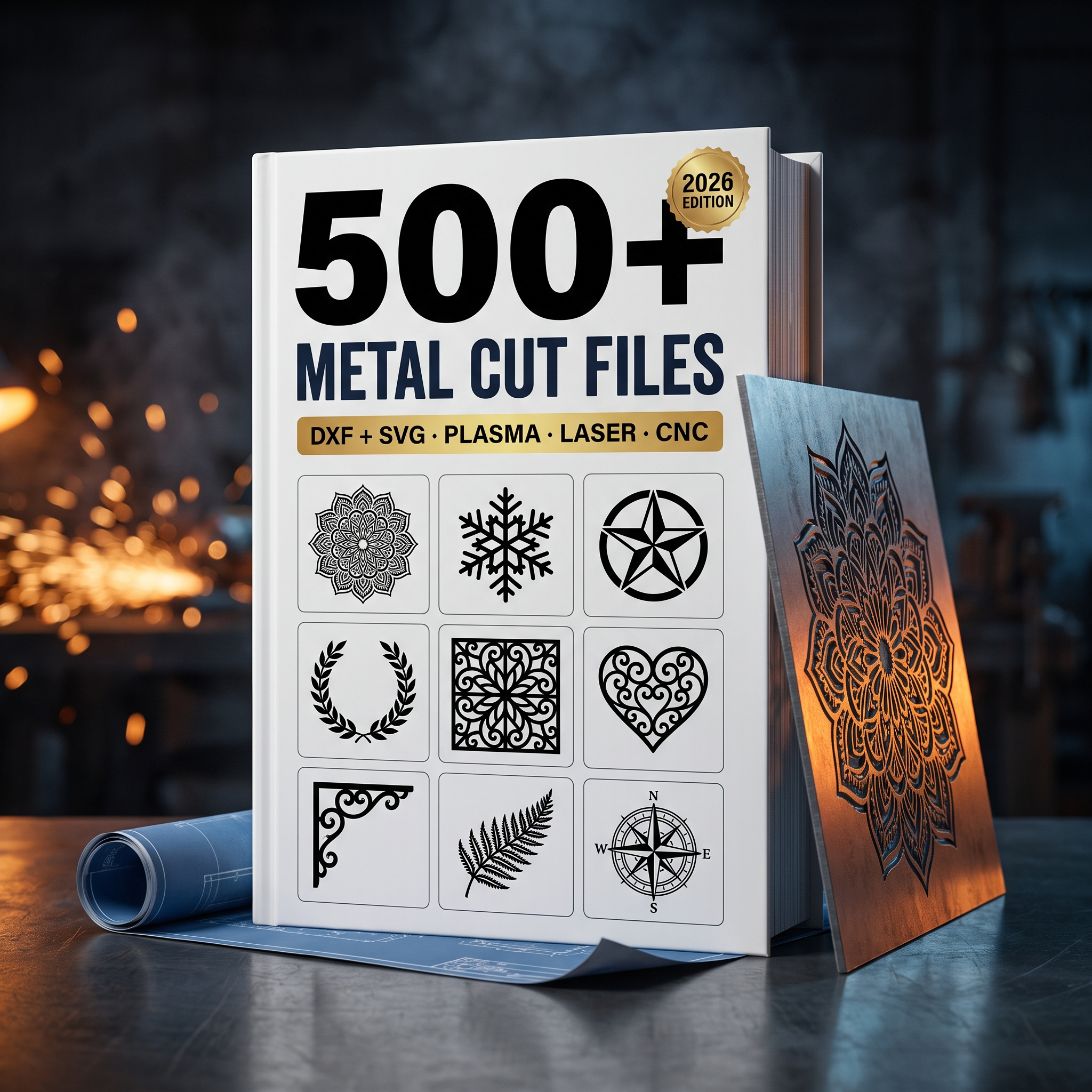 MasteryForge Metalworking Project Plans — 500+ dimensioned PDF build plans, premium compendium with a plasma-cut steel panel in a metal fabrication workshop