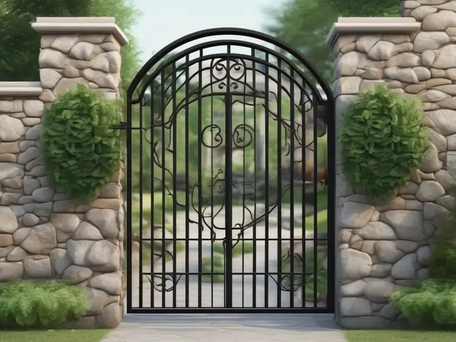 Wrought-steel garden gate in a stone wall.