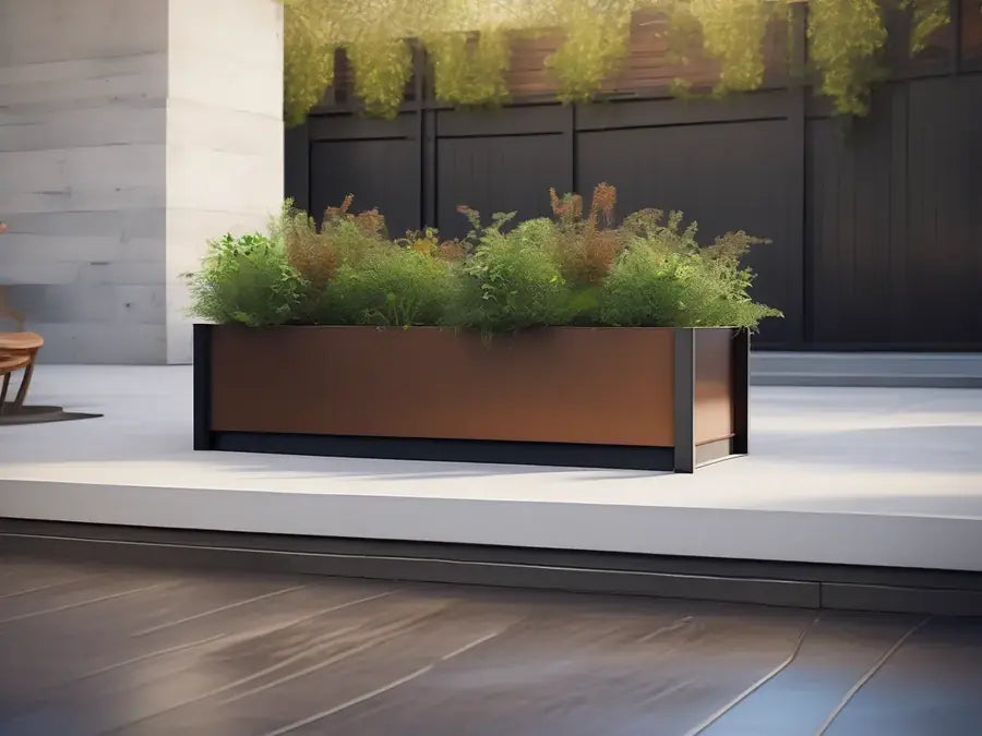Blackened-steel raised planter box with plants.