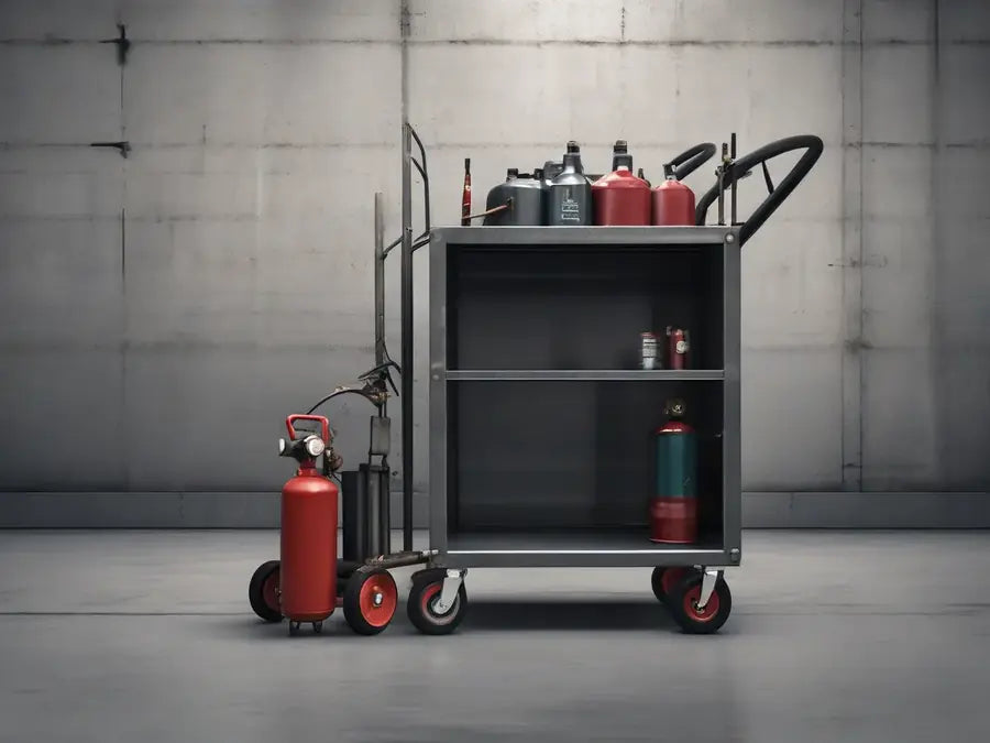 Heavy-duty welding cart on casters.