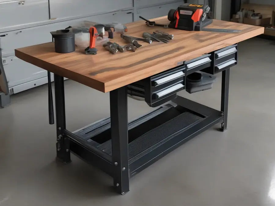 Steel-frame workbench with hardwood top.