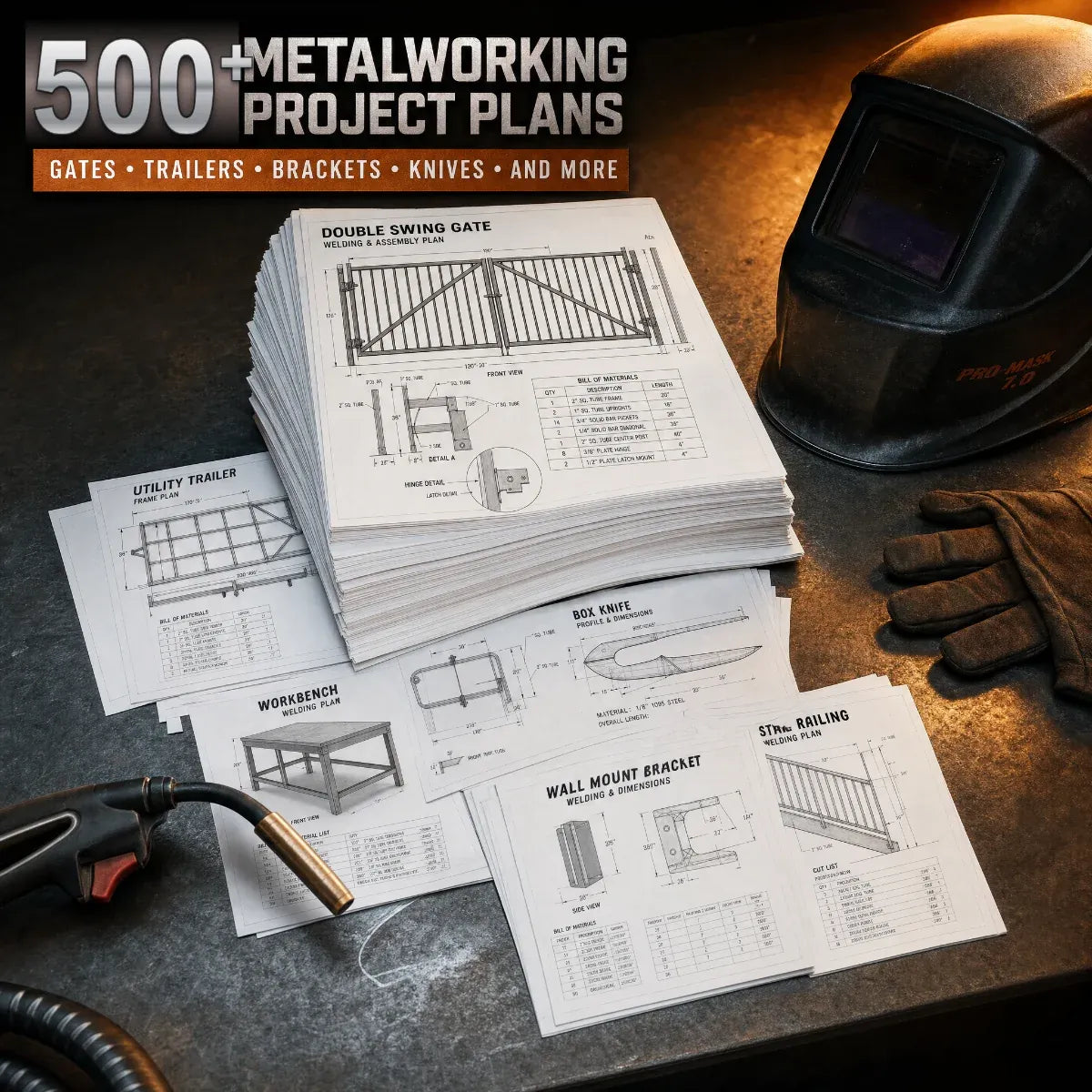 The MasteryForge Metal Library — a stack of dimensioned plan pages ready to print