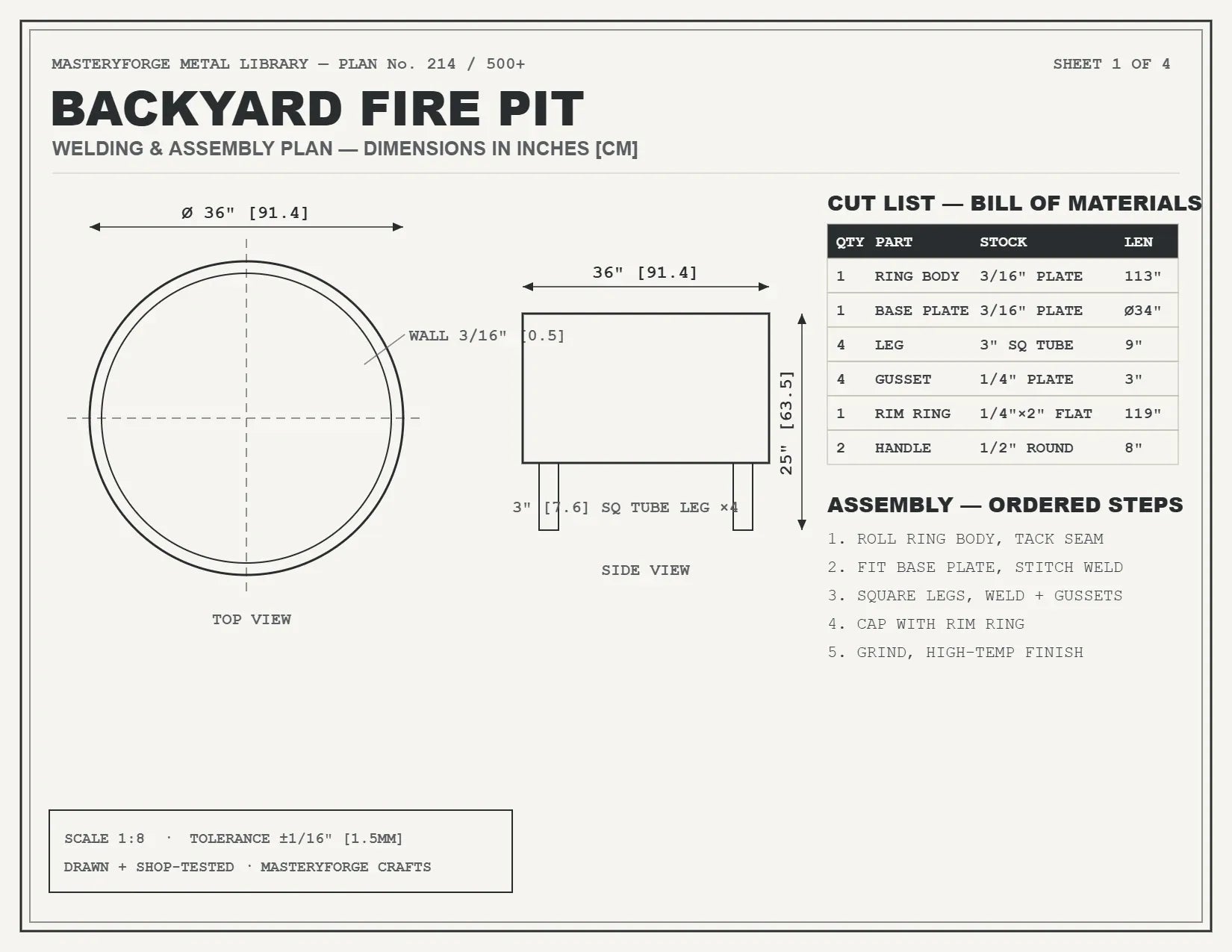 Sample plan page: backyard fire pit with top and side views, every dimension in inches and cm, cut list and assembly steps