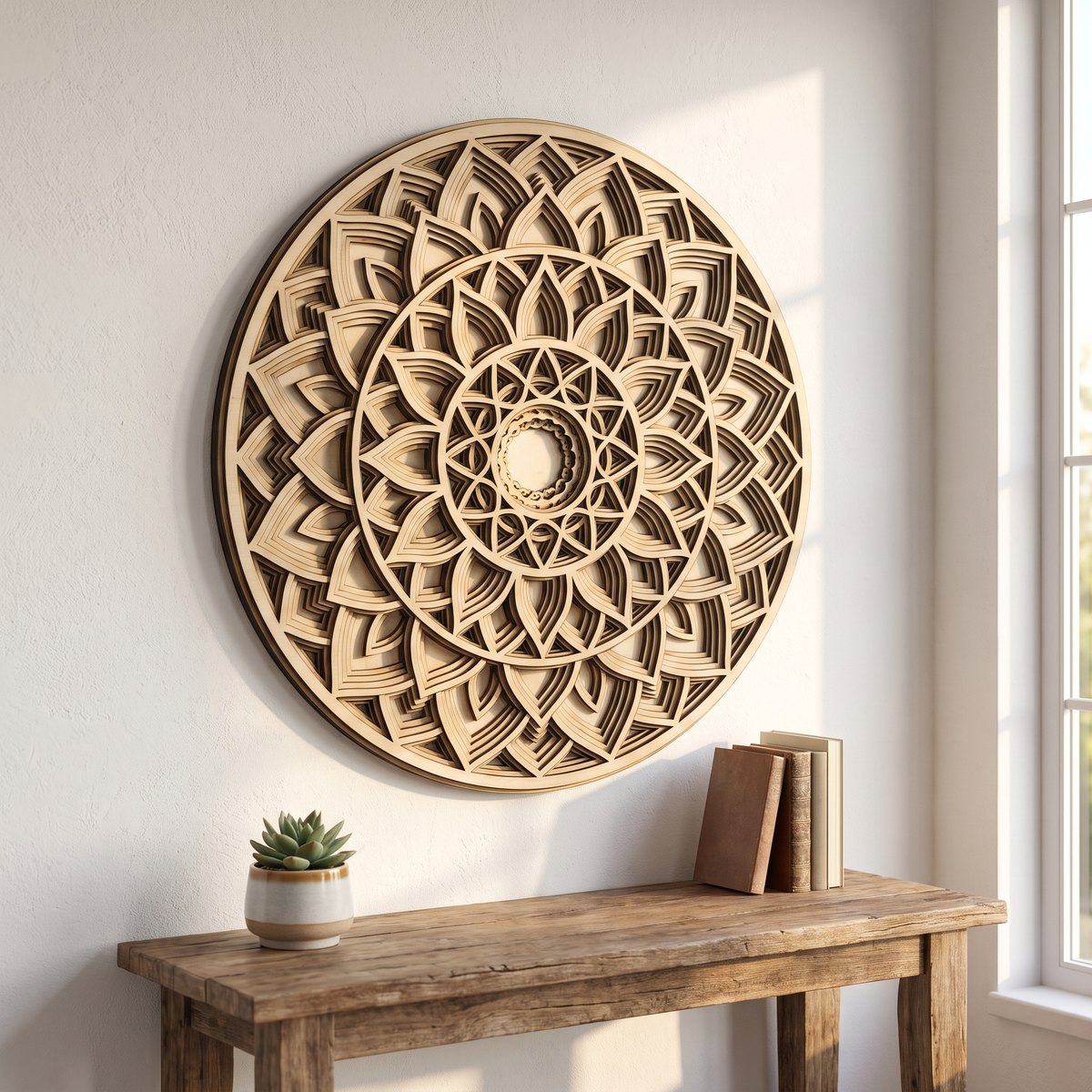 Three-layer laser-cut plywood mandala wall art — product render