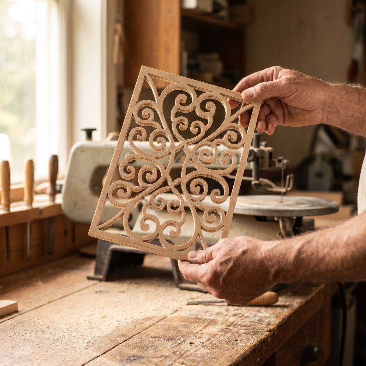 Scroll-saw fretwork panel in a workshop — product render