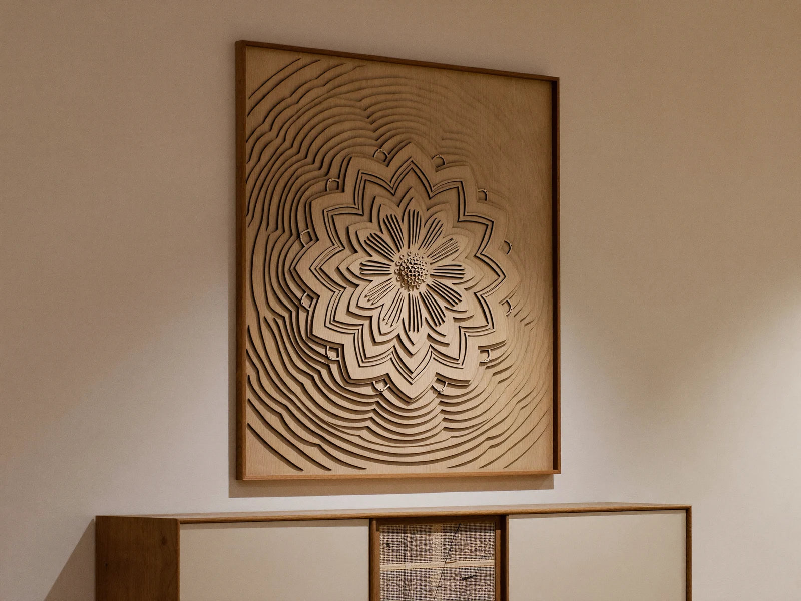 Layered laser-cut wooden mandala wall art.